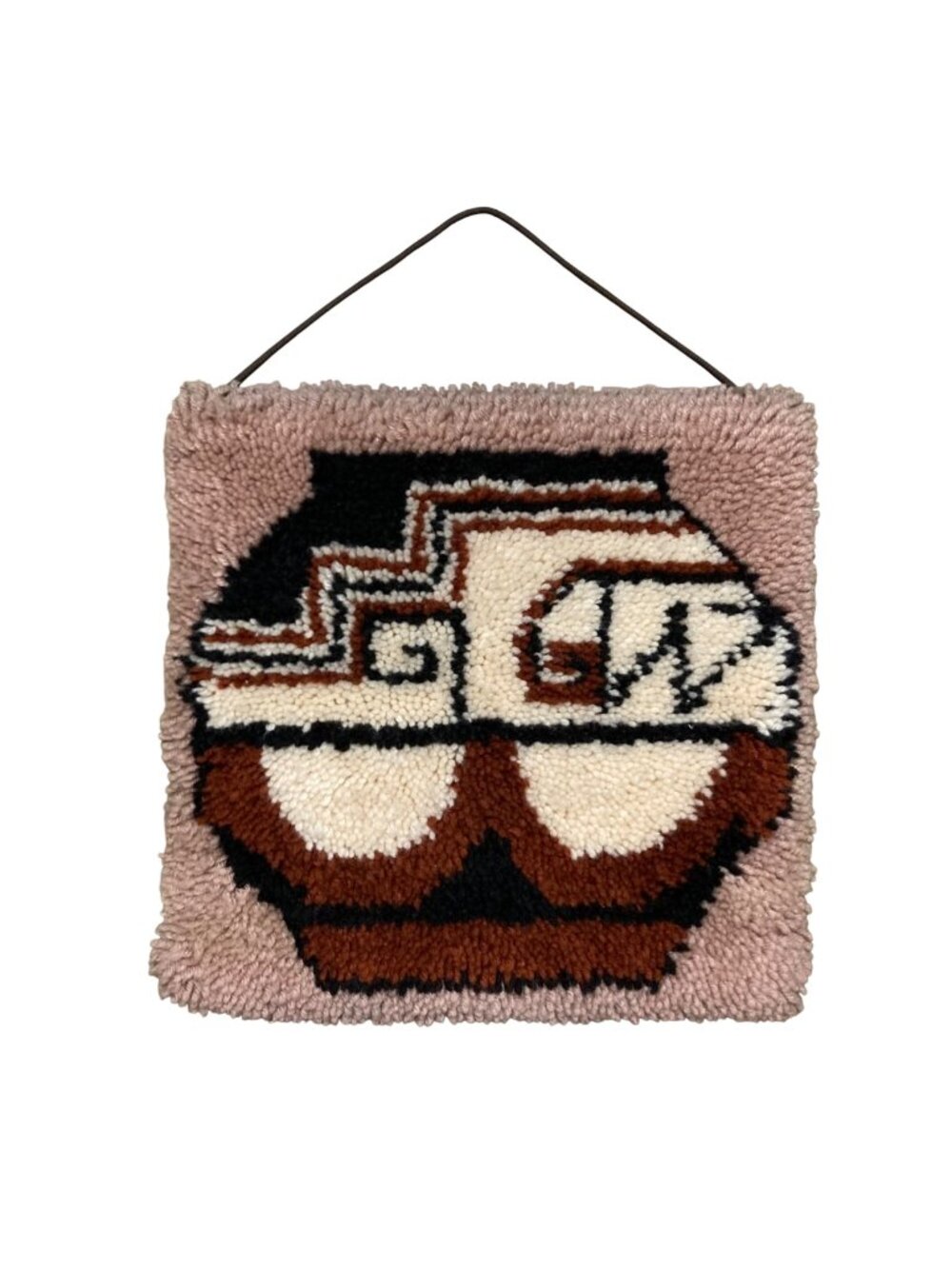 1970s Native American Inspired Pottery Latch Hook Rug Southwestern Wall Decor